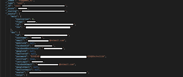 Screenshot of VIPGames data breach showing user profiles data