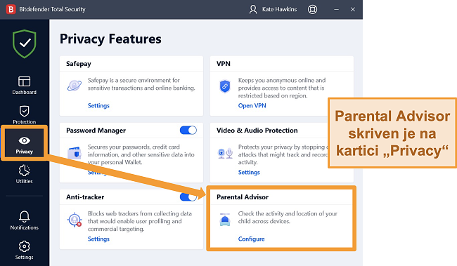 Snimka zaslona aplikacije Bitdefender s istaknutim roditeljskim savjetnikom.