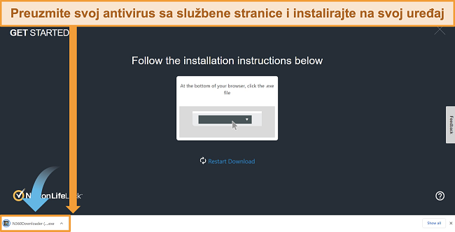 Snimka zaslona web stranice Norton 360 koja započinje postupak preuzimanja i instalacije.