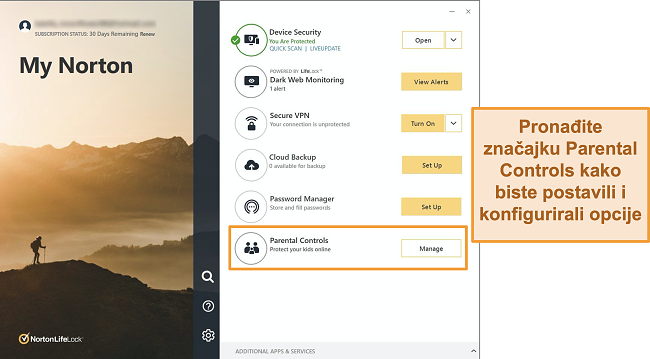 Snimka zaslona sučelja aplikacije Norton 360 s istaknutim roditeljskim nadzorom