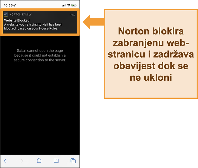 Snimak zaslona Norton antivirusa s aktiviranim roditeljskim nadzorom na iPhoneu i blokiranjem zabranjenih web stranica