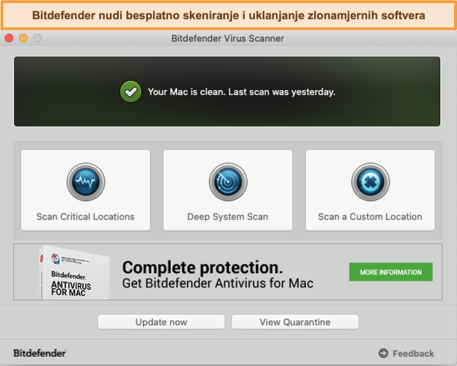Snimak zaslona nadzorne ploče aplikacije Bitdefender na Macu