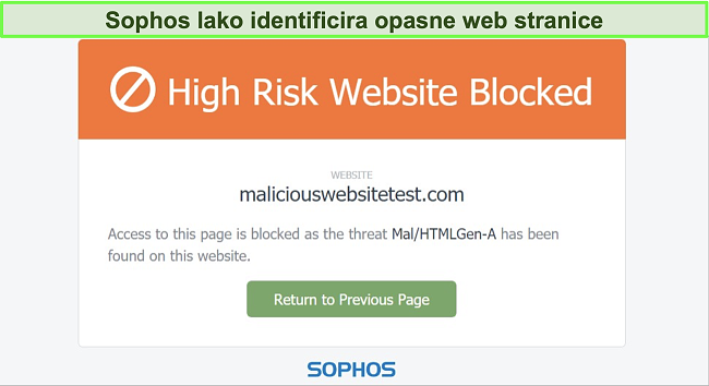 Snimak zaslona Sophos Web Protection koji blokira web lokaciju s visokim rizikom