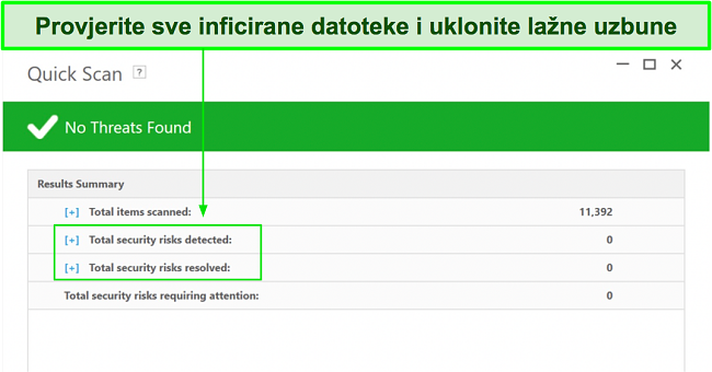 Snimka zaslona gdje se može provjeriti popis zaraženih datoteka nakon potpunog skeniranja