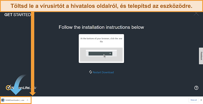 Pillanatkép a Norton 360 webhelyről, amely elindítja a letöltési és telepítési folyamatot.