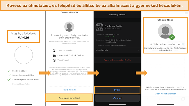 Pillanatképek a Norton Family telepítési folyamatáról az iPhone készüléken