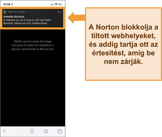 Pillanatkép a Norton antivírusról az iPhone-on aktivált szülői felügyelettel és a tiltott webhelyek blokkolásával