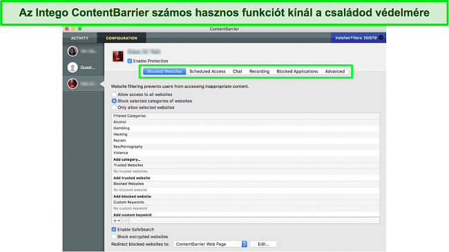 Képernyőkép az Intego ContentBarrier szülői felügyeleti irányítópultjáról