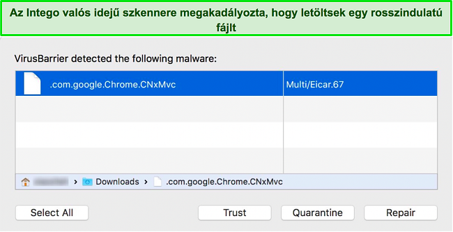 Képernyőkép az Intego valós idejű szkenneréről, amely blokkolja a rosszindulatú fájlok letöltését