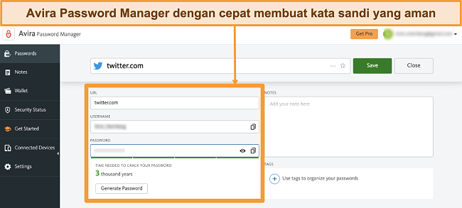 Tangkapan layar dari Avira Password Manager yang dijalankan di Mac