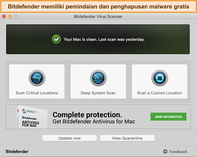 Tangkapan layar dasbor aplikasi Bitdefender di Mac