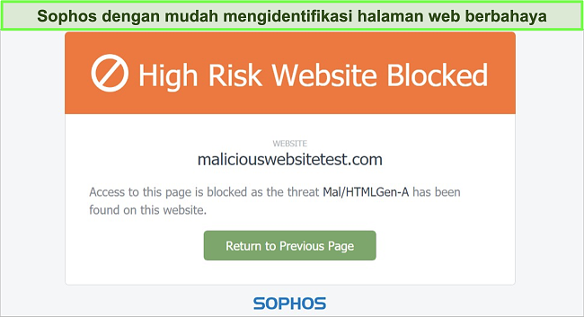 Tangkapan layar dari Perlindungan Web Sophos yang memblokir situs web berisiko tinggi