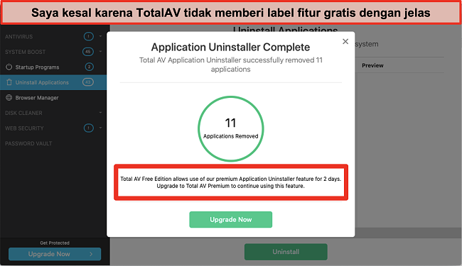 Tangkapan layar dari percobaan upsell TotalAV Application Uninstaller