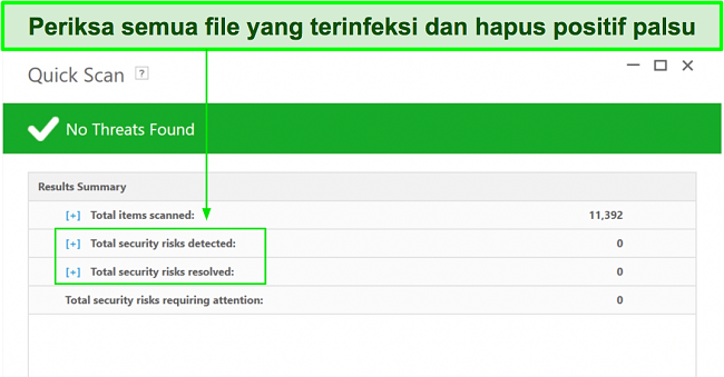 Cuplikan layar tempat memeriksa daftar file yang terinfeksi setelah pemindaian penuh