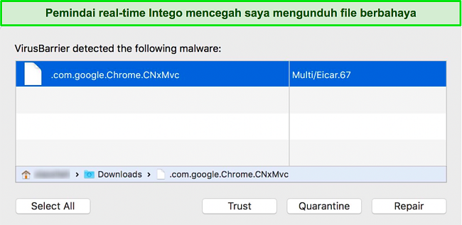 Tangkapan layar pemindai waktu-nyata Intego yang memblokir pengunduhan file berbahaya