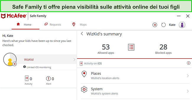 Screenshot dell'app Safe Family di McAfee che mostra la dashboard e le funzionalità.