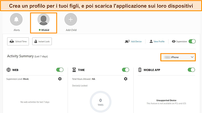 Screenshot della dashboard del Parental Control di Norton, che evidenzia il profilo del bambino e il dispositivo su cui sono stati scaricati i Parental Control.