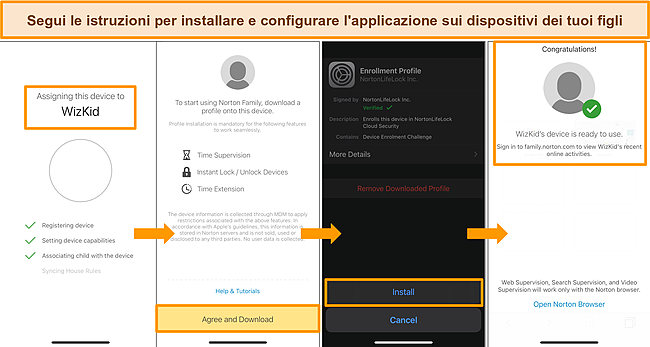 Screenshot del processo di configurazione del controllo genitori per Norton su un iPhone.