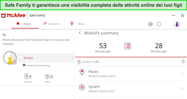 Screenshot del controllo genitori Safe Family di McAfee