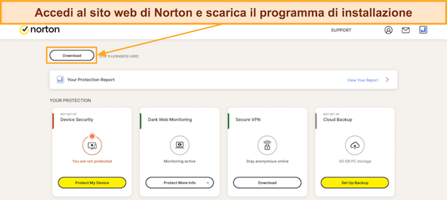 Schermata che mostra come scaricare la configurazione di Norton dal portale Web