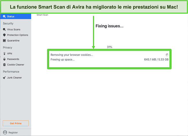 Screenshot di Avira Smart Scan in esecuzione su Mac