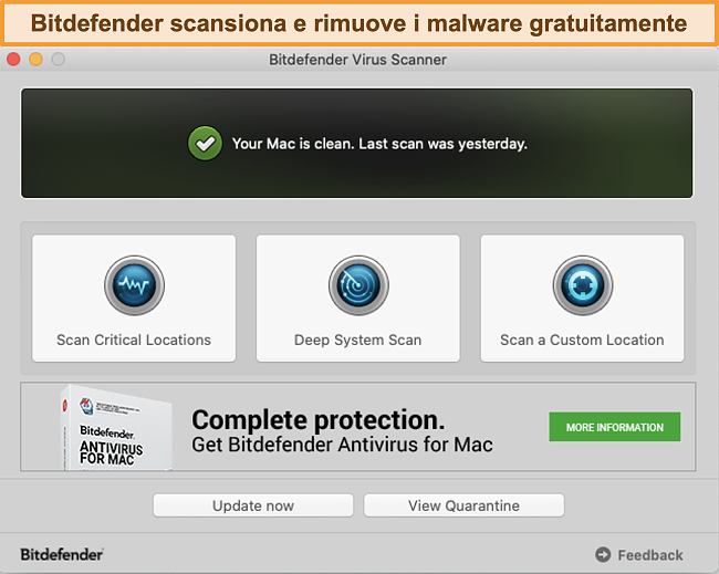 Screenshot della dashboard dell'app Bitdefender su Mac