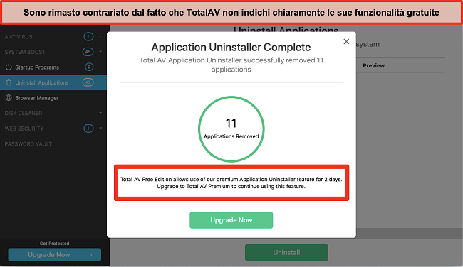 Screenshot del tentativo di upsell di TotalAV Application Uninstaller