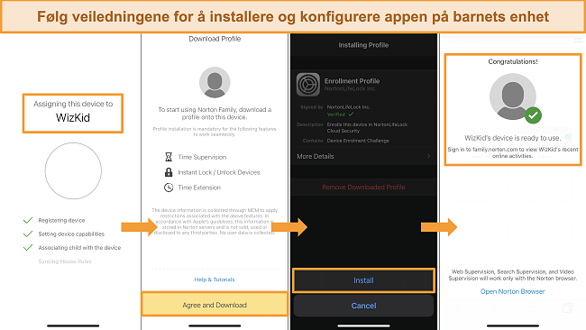 Skjermbilder av installasjonsprosessen for Norton Family på iPhone