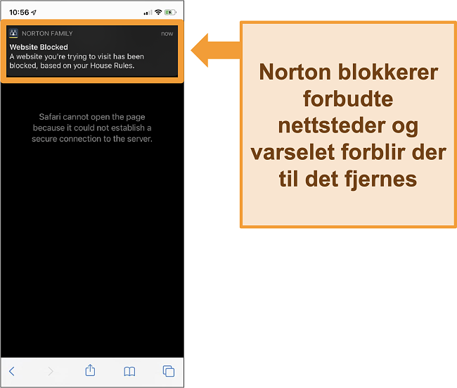 Skjermbilde av Norton antivirus med foreldrekontroll aktivert på iPhone og blokkerer forbudte nettsteder