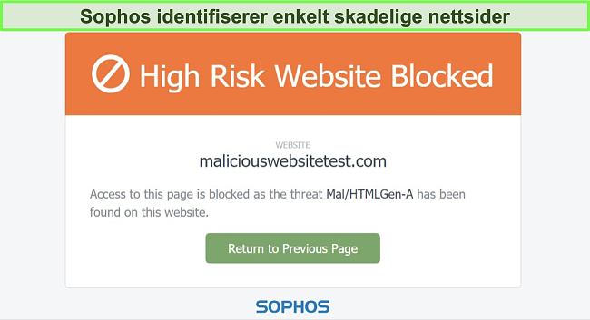 Skjermbilde av Sophos Web Protection som blokkerer et høyrisiko nettsted