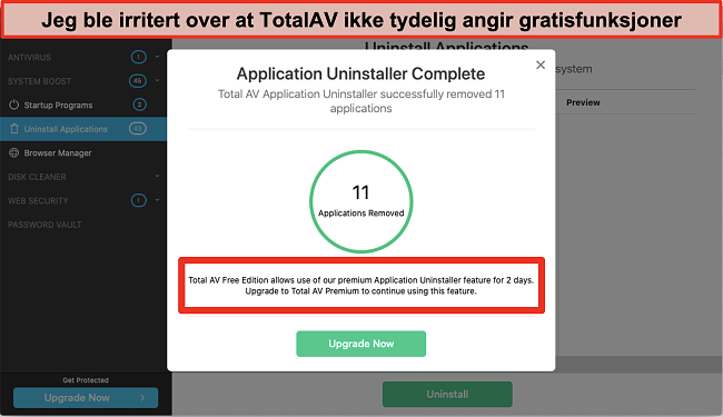 Skjermbilde av TotalAV Application Uninstaller oppsalgsforsøk
