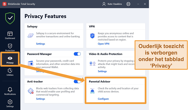 Schermafbeelding van de Bitdefender-app met Parental Advisor gemarkeerd.