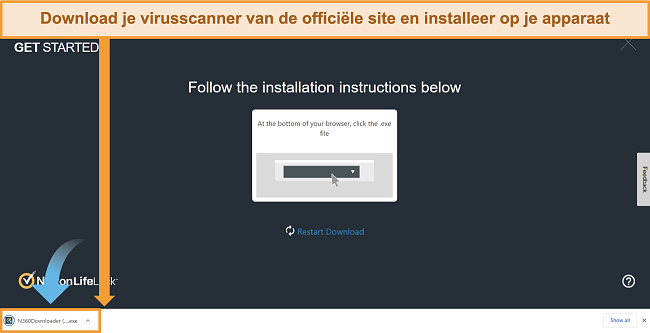 Schermafbeelding van de Norton 360-site die het download- en installatieproces start.