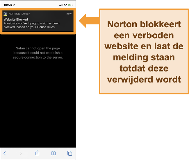 Schermafbeelding van Norton-antivirus met ouderlijk toezicht geactiveerd op de iPhone en het blokkeren van verboden websites