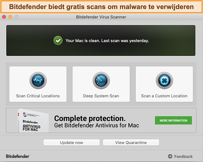 Snimak zaslona nadzorne ploče aplikacije Bitdefender na Macu