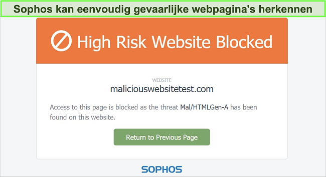 Snimak zaslona Sophos Web Protection koji blokira web lokaciju s visokim rizikom