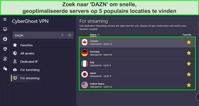 Schermafbeelding van de Windows-app van CyberGhost met de nadruk op de 5 voor DAZN geoptimaliseerde serverlocaties