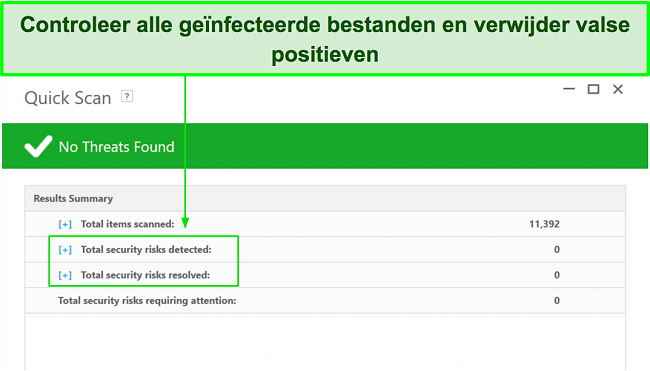 Screenshot van waar de lijst met geïnfecteerde bestanden kan worden gecontroleerd na volledige scan