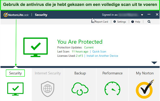 Screenshot van het hoofddashboard van Norton