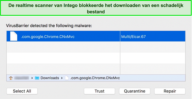 Screenshot van Intego's realtime scanner die het downloaden van een kwaadaardig bestand blokkeert