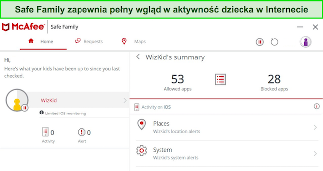 Zrzut ekranu przedstawiający kontrolę rodzicielską programu Safe Family firmy McAfee