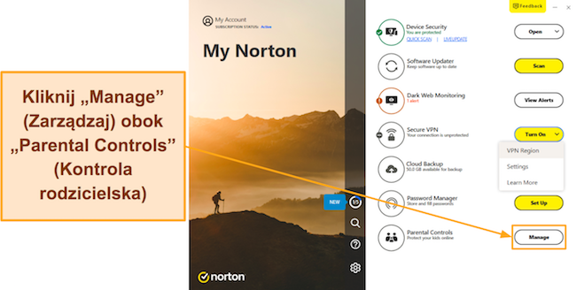 Zrzut ekranu pokazujący, jak uzyskać dostęp do kontroli rodzicielskiej Norton