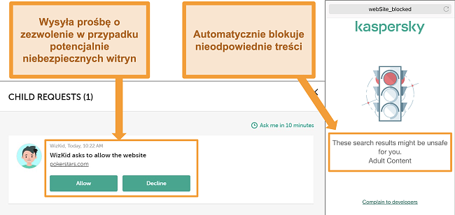 Zrzuty ekranu przedstawiające Kaspersky blokujący dostęp do niebezpiecznych witryn.
