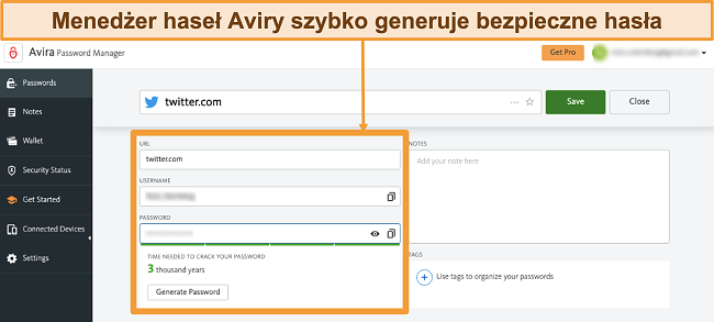 Zrzut ekranu programu Avira Password Manager działającego na komputerze Mac