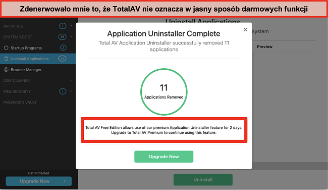 Zrzut ekranu z próbą sprzedaży produktu TotalAV Application Uninstaller