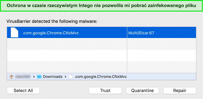 Zrzut ekranu skanera czasu rzeczywistego Intego blokującego pobieranie złośliwego pliku