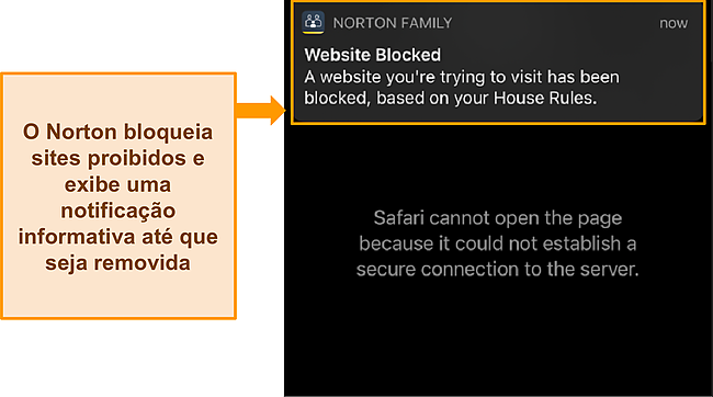 Captura de tela destacando a notificação do Norton ao tentar acessar um site restrito pelo controle dos pais.