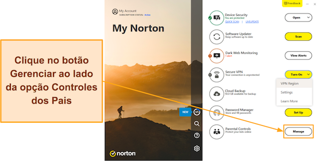 Captura de tela mostrando como acessar o controle dos pais do Norton