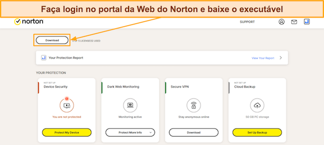 Captura de tela mostrando como fazer download da configuração do Norton no portal da web