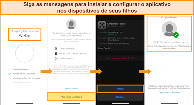 Captura de tela mostrando as diversas etapas para configurar o controle dos pais do Norton no dispositivo do seu filho